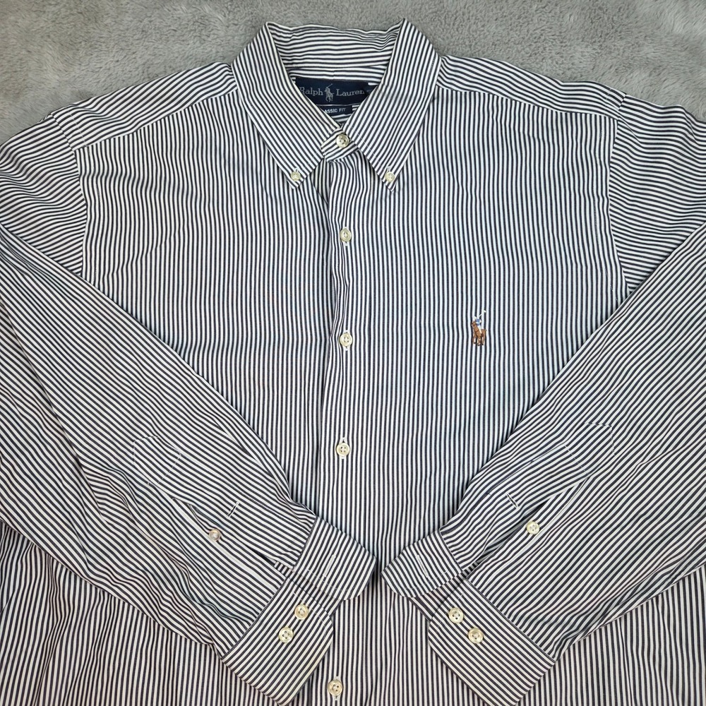Ralph Lauren Button Down Shirt Mens 16.5 Flesh Pony Striped Cotton Navy White